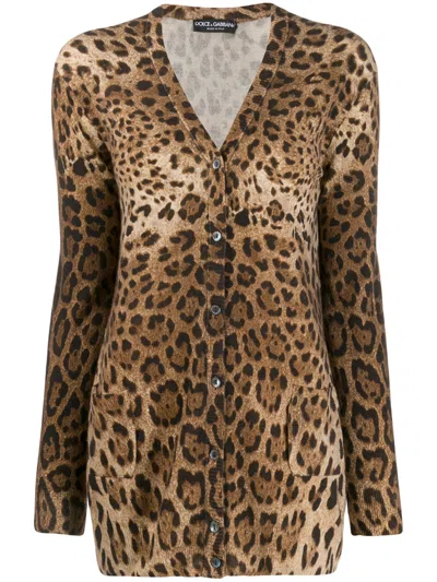 Dolce & Gabbana Cashmere Cardigan With Leopard Print In Brown