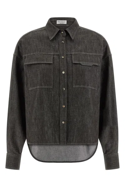 Brunello Cucinelli Brown Shirt With Classic Collar And Monil Detail On The Pocket In Cotton Blend Woman In Gray