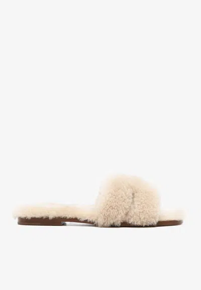 Hermes Oran H Cut-out Sandals In Beige Camel Shearling In Neutral