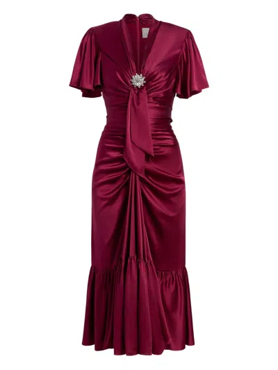 Cinq À Sept Peeta Brooch Ruffled Midi Dress In Burgundy