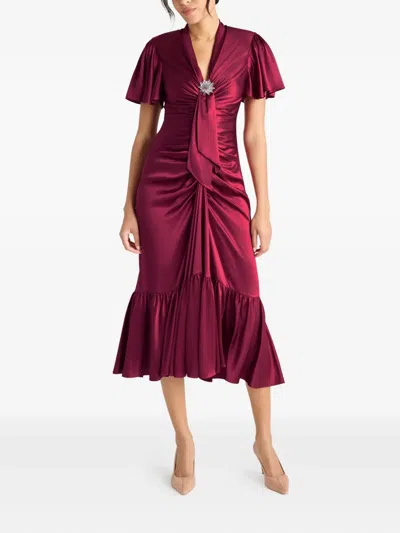 Cinq À Sept Peeta Brooch Ruffled Midi Dress In Burgundy