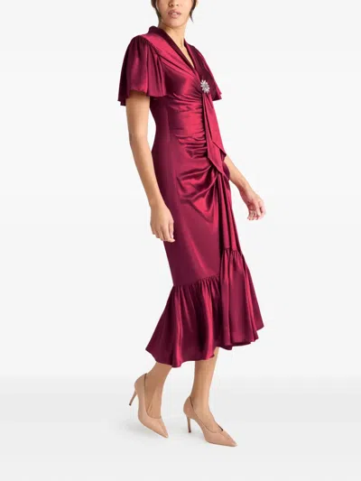 Cinq À Sept Peeta Brooch Ruffled Midi Dress In Burgundy