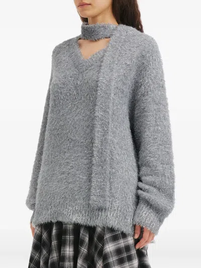 B+ab V-neck Attached-scarf Sweater In Gray