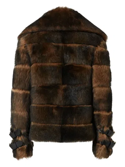 Fendi Women Color Pequin Motif Fur Aviator Jacket In Brown