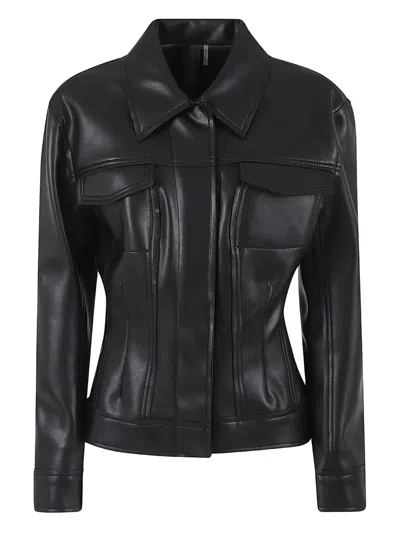 Norma Kamali Fitted Synthetic Leather Long Sleeve Jacket In Black