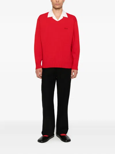 Bode V-neck Logo-embroidered Sweater In Red