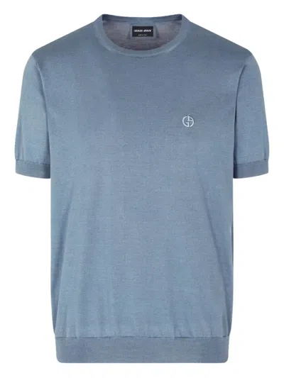 Giorgio Armani Logo-embroidered Knitted T-shirt In Blue