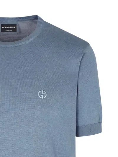 Giorgio Armani Logo-embroidered Knitted T-shirt In Blue
