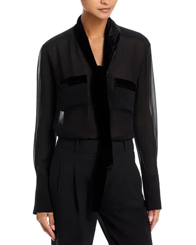 Frame The Velvet Trim Modern Tie Silk Blouse In Black