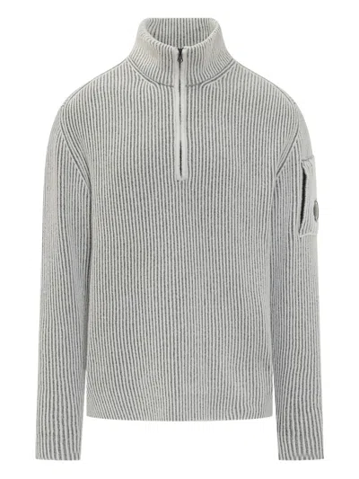 C.p. Company Ribbed Knit With Half Zip And Lens Pocket In Gray