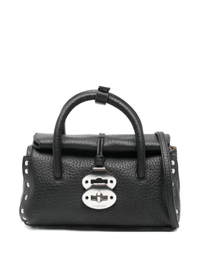 Zanellato Structured Black Hammered Leather Bag With Twist Lock Closure In Black