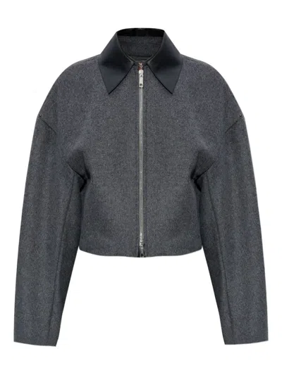 Sportmax Cropped Virgin Wool Jacket With Contrast Collar In Gray