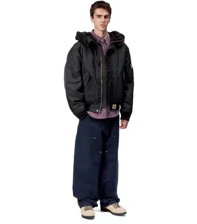 Carhartt Water-repellent Nylon Bomber Jacket With Adjustable Hood In Black