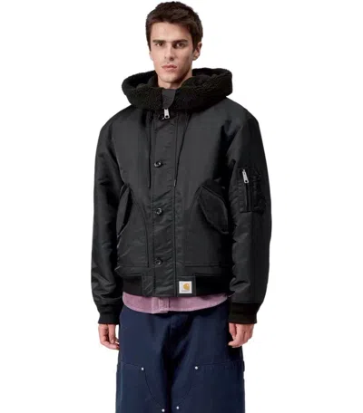 Carhartt Water-repellent Nylon Bomber Jacket With Adjustable Hood In Black