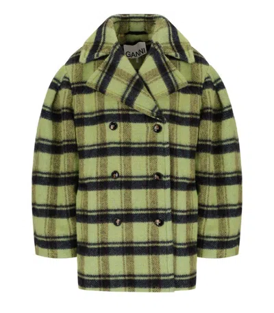 Ganni Oversized Double-breasted Checked Brushed-wool Coat In Green