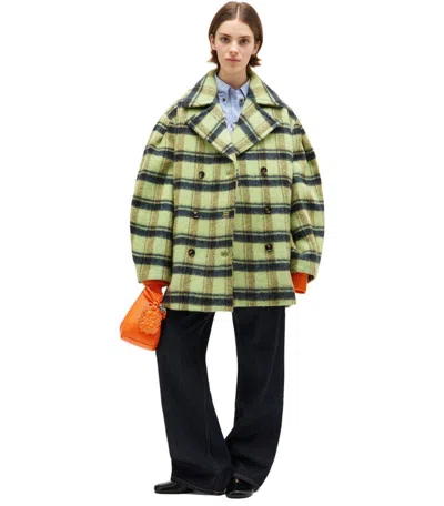 Ganni Oversized Double-breasted Checked Brushed-wool Coat In Green
