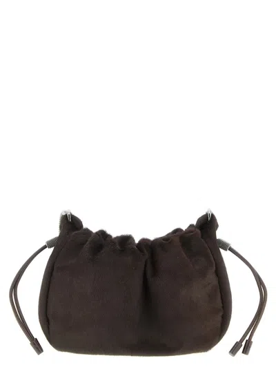 Brunello Cucinelli Women Mellow Mini Ponyhair Shoulder Bag With Precious Chai In Brown