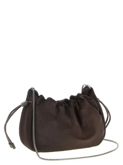 Brunello Cucinelli Women Mellow Mini Ponyhair Shoulder Bag With Precious Chai In Brown