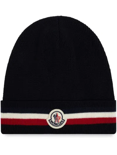 Moncler Tricolor Stripe Ribbed Wool Beanie In Black
