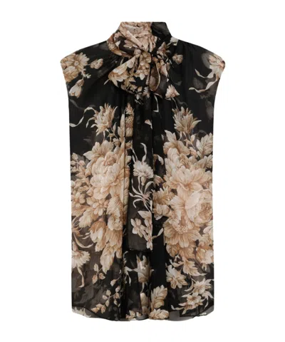 Dolce & Gabbana Rose-print Chiffon Sleeveless Top In Black