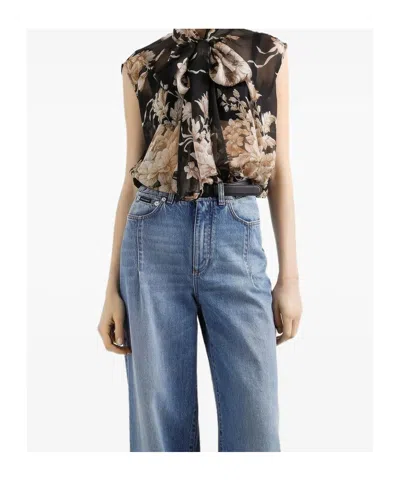 Dolce & Gabbana Rose-print Chiffon Sleeveless Top In Black