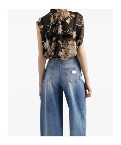 Dolce & Gabbana Rose-print Chiffon Sleeveless Top In Black