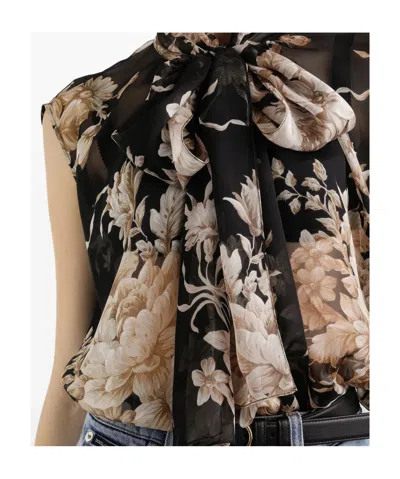 Dolce & Gabbana Rose-print Chiffon Sleeveless Top In Black