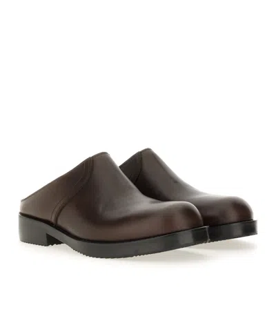 Dries Van Noten Round Toe Leather Clogs With Rubber Sole In Brown