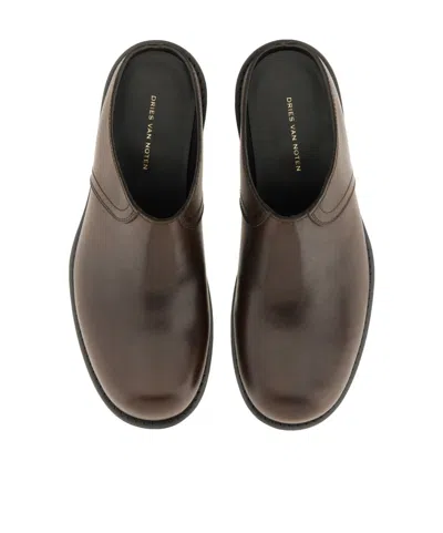 Dries Van Noten Round Toe Leather Clogs With Rubber Sole In Brown