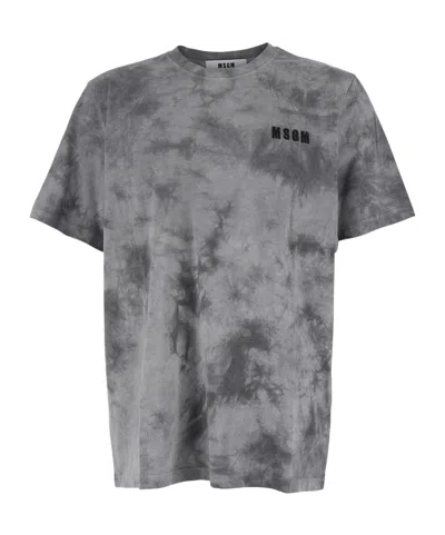 Msgm Grey T-shirt With Embroidered Logo On The Front And All-over Tye-die Print In Cotton Man In Gray