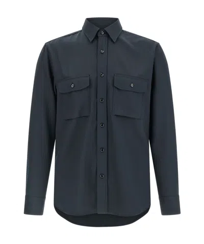 Brioni Utility Shirt With Buttoned Cuffs And Pockets In Blue