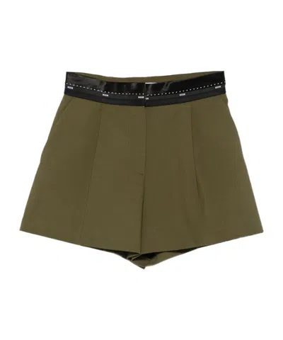 Msgm Pleated-panel Ribbon-trimmed Shorts In Green