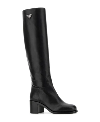 Prada Knee-high Leather Block Heel Boots In Black