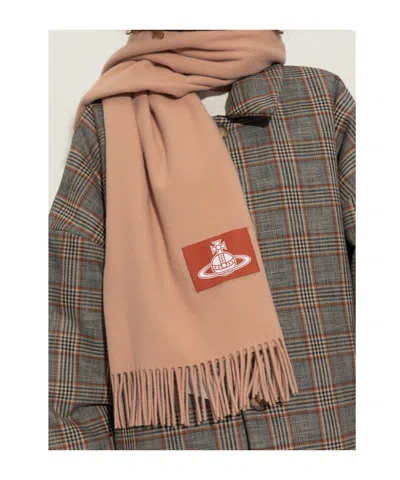Vivienne Westwood Logo-patch Fringed Scarf In Neutral