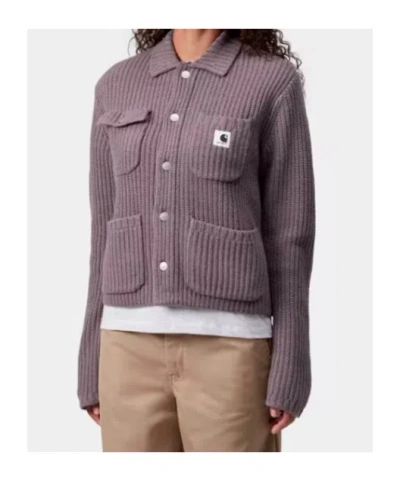 Carhartt Chunky Knit Cardigan With Four Pockets And Button Closure In Purple
