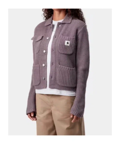 Carhartt Chunky Knit Cardigan With Four Pockets And Button Closure In Purple