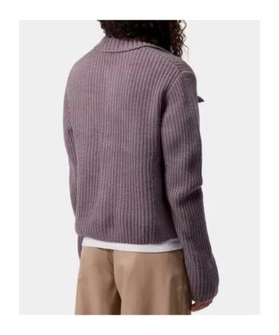 Carhartt Chunky Knit Cardigan With Four Pockets And Button Closure In Purple