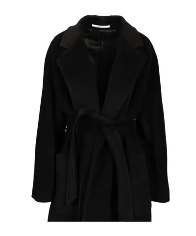 Tagliatore Long Wool Coat Belted Waist In Black