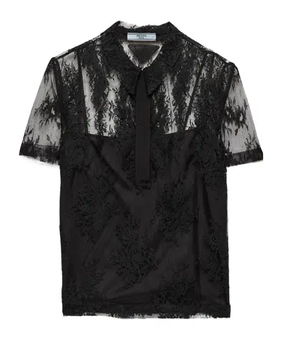 Prada Lace Polo Top In Black