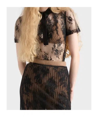 Prada Lace Polo Top In Black