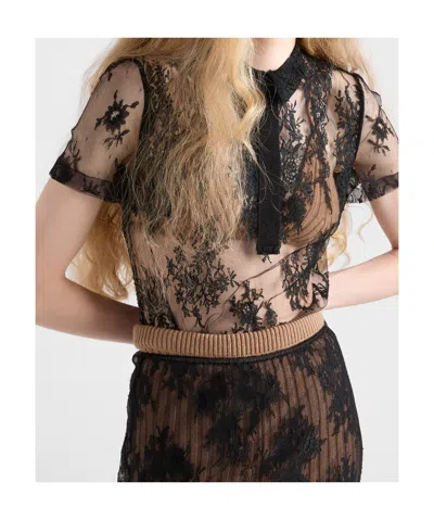 Prada Lace Polo Top In Black