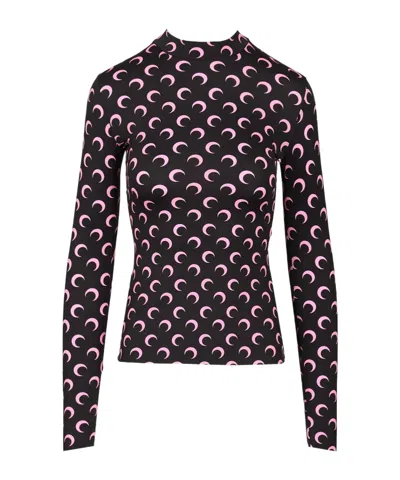 Marine Serre Moon Printed Jersey Long Sleeve Crewneck Top In Black