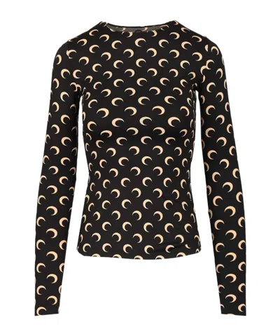 Marine Serre Moon Printed Jersey Ls Crewneck Top Tops Black In Black