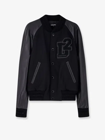 Dsquared2 Men Wool Jacket With Leather Sleeves In Black