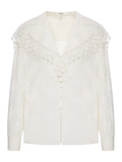 Chloé Blouse With A Maxi Collar In Silk Jacquard And Lace In White
