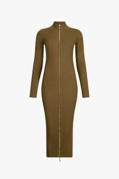 Roberto Cavalli Green Ribbed-knit Zip-front Midi Dress In Green