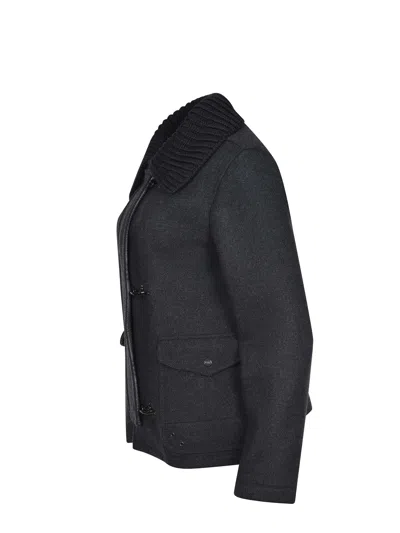Fay Three-hook Wool Jacket With Removable Ribbed Collar And Iconic Closure In Black