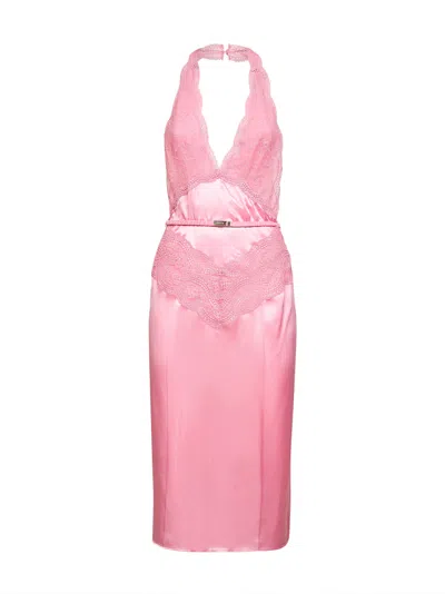 Gucci Halter Neck Midi Dress With Belt Detail In Pink