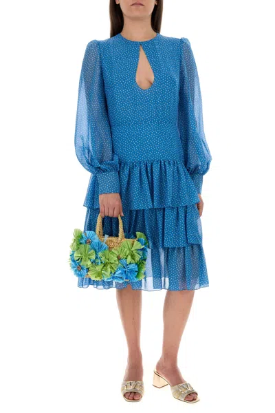 Valentino Silk Dress With Keyhole Neckline And Ruffles In Blue
