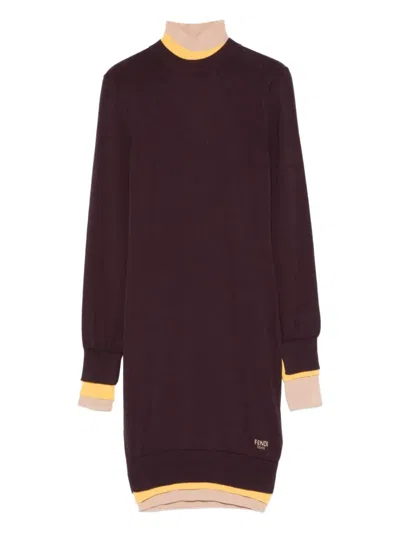 Fendi Short Fitted Pink Wool Dress In Brown